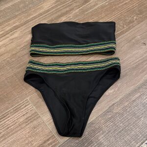 Black Bandeau Bikini Set with Multicolor Trim - Women Swim